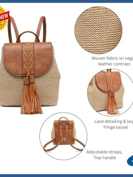 Woven Vegan Leather Backpack Purse with Tassel & Lace Detail for Travel main image 6